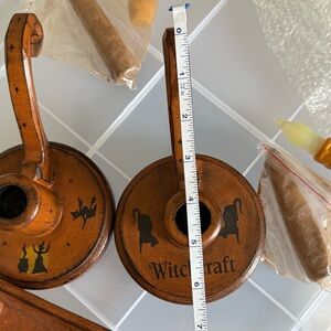 Salem Mass. Mystic Realm solid Wood Candle Holder Black Cat Wicca Witchcraft